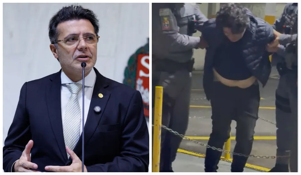 O deputado estadual Marcelo Aguiar (PL) é amparado por policiais militares após confusão em casa noturna do Itaim Bibi, em São Paulo. — Foto: Reprodução/TV Globo e Alesp
